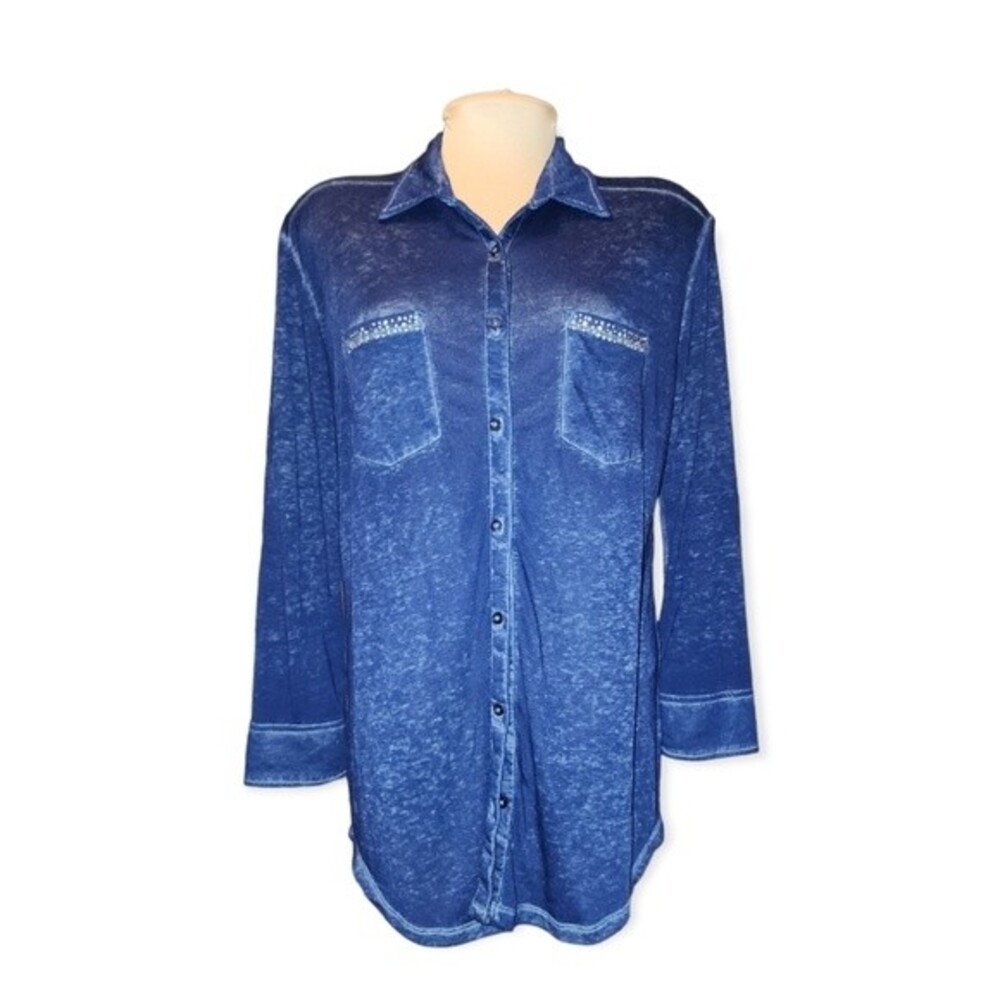 French Laundry Blue Stretchy & Sheer Embellished Button‎ Front Blouse Size L